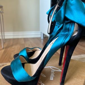 Christian Louboutin Turquoise Vampanodo 140 Suede Satin Bow Sandals Euro 37.5